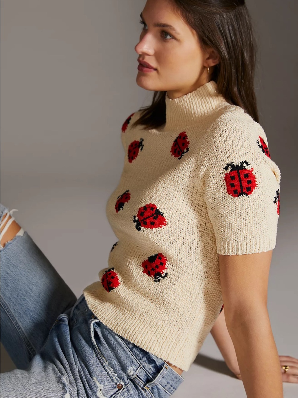 Maeve Anthropologie Rare Cream Short-Sleeve Mock Turtleneck Sweater Red Ladybug